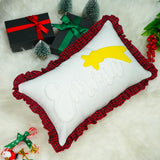 Joy Christmas Punch Needle Pillow: Wreath Embroidered Cushion with Gingham Ruffle