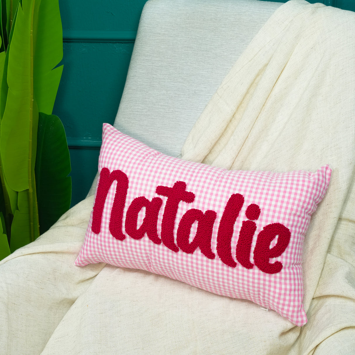 Custom Punch Needle Baby Name Pillow: Pink Gingham Cushion for Preppy Room Decor