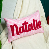 Custom Punch Needle Baby Name Pillow: Pink Gingham Cushion for Preppy Room Decor