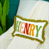 Custom Name Pillow with Punch Needle Embroidery: Gingham Ruffle, Soft Nursery Decor