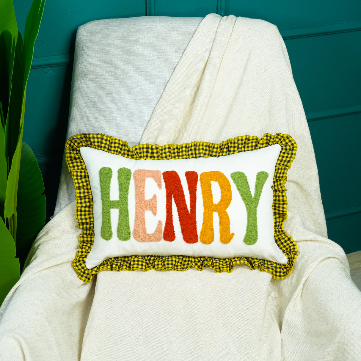 Custom Baby Boy Name Punch Needle Pillow: Blue Gingham Cushion,Toddler Room Decor