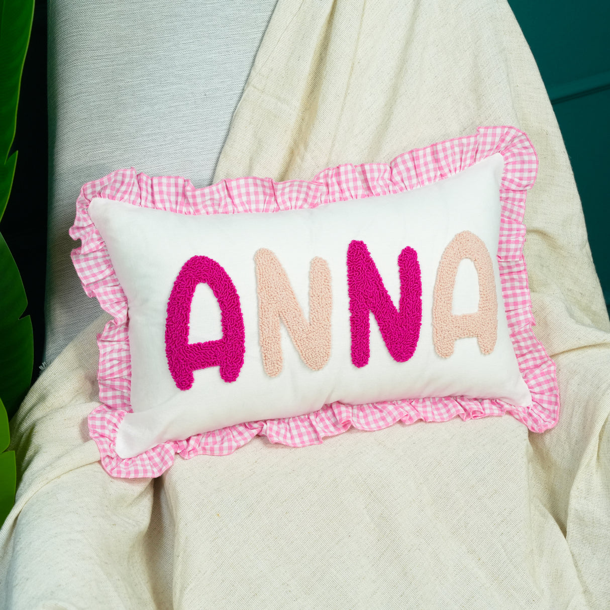 Personalized Baby Name Pillow with Pink Gingham Ruffle: Soft Girl Nursery Decor