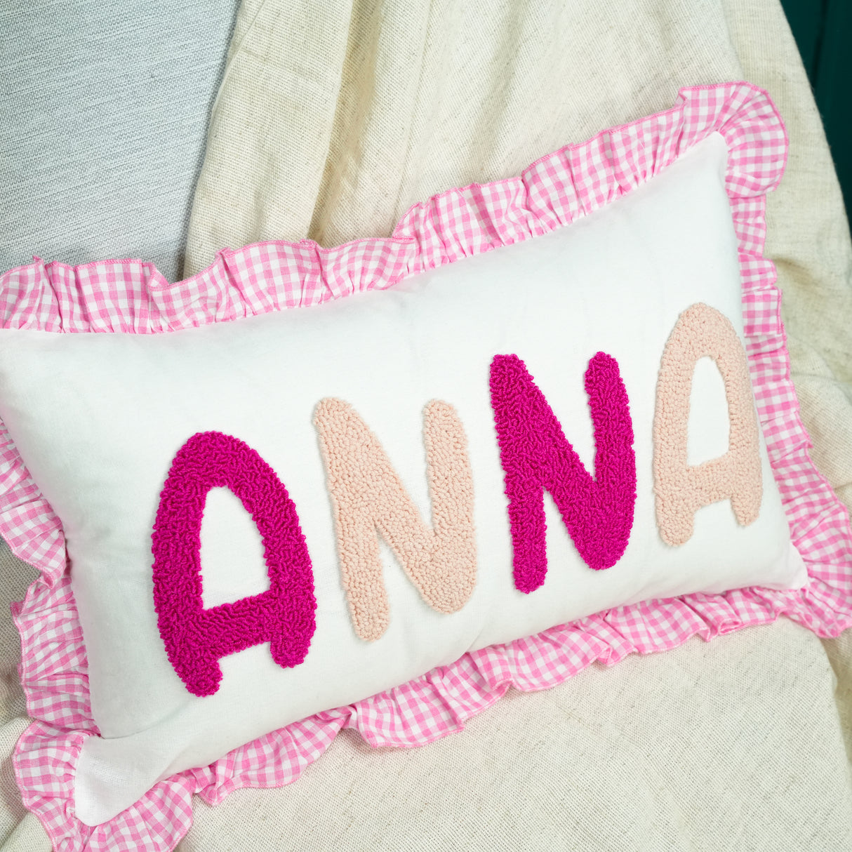 Custom Name Pillow with Punch Needle Embroidery: Gingham Ruffle, Soft Nursery Decor