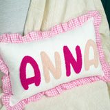 Custom Name Pillow with Punch Needle Embroidery: Gingham Ruffle, Soft Nursery Decor