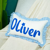 Custom Name Pillow with Punch Needle Embroidery: Gingham Ruffle, Soft Nursery Decor