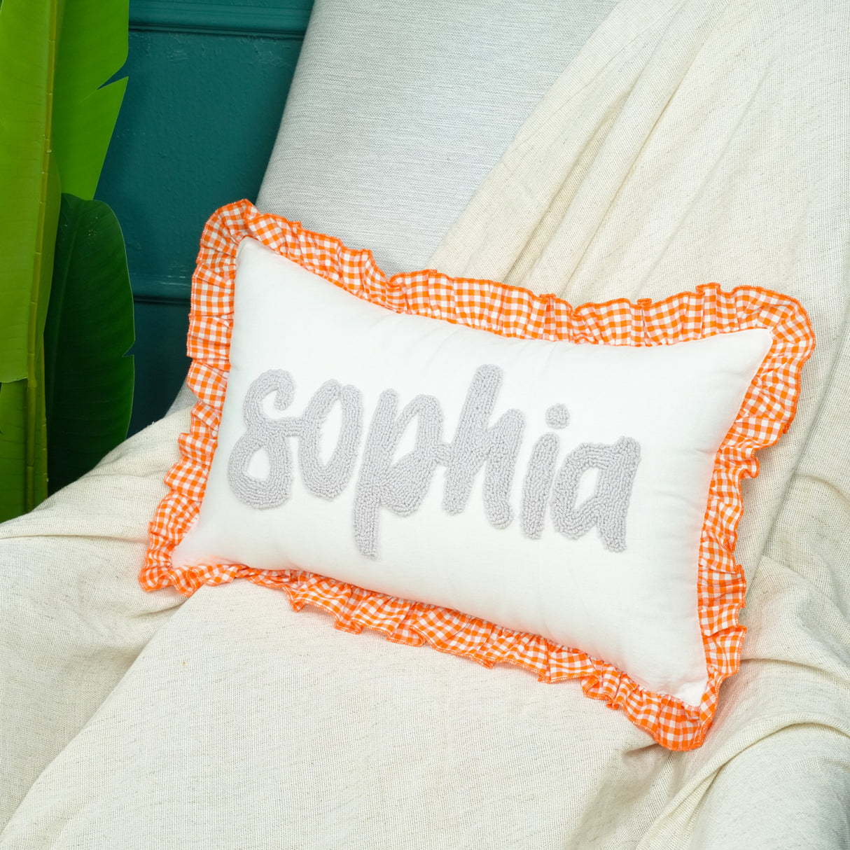 Personalized Baby Name Pillow with Pink Gingham Ruffle: Soft Girl Nursery Decor