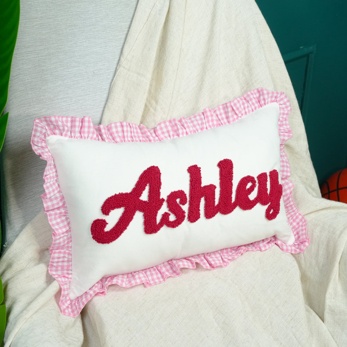 Custom Name Pillow with Punch Needle Embroidery: Gingham Ruffle, Soft Nursery Decor