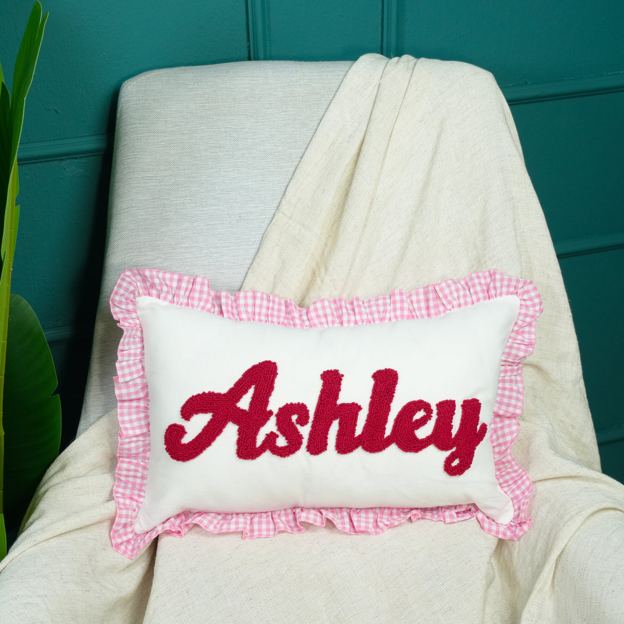 Personalized Baby Name Pillow with Pink Gingham Ruffle: Soft Girl Nursery Decor
