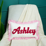 Personalized Baby Name Pillow with Pink Gingham Ruffle: Soft Girl Nursery Decor