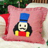 Monogrammed Punch Needle Pillow: Red Gingham Christmas Cushion with Ruffle Edges