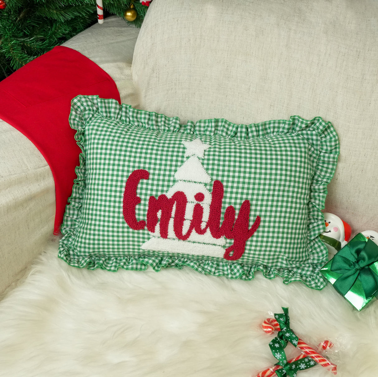 Nutcracker Punch Needle Christmas Pillow: Gingham Holiday Cushion, Seasonal Home Decor