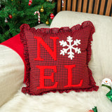 Monogrammed Punch Needle Pillow: Red Gingham Christmas Cushion with Ruffle Edges