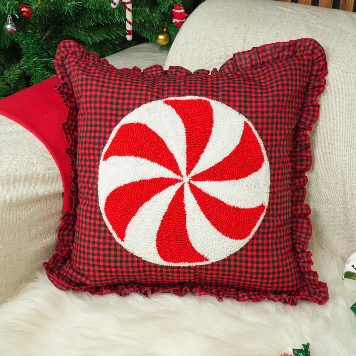 Candy Cane Christmas Pillow: Punch Needle Holiday Cushion, Festive Home Decor