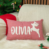 Custom Reindeer Christmas Name Pillow: Red Gingham Embroidered, Holiday Gift for Her