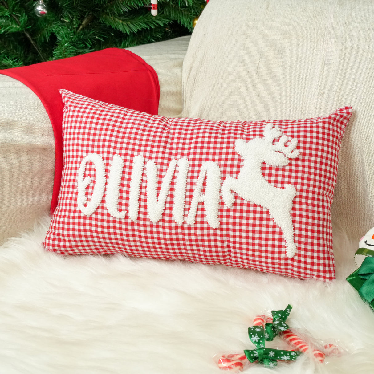 Custom Reindeer Christmas Name Pillow: Red Gingham Embroidered, Holiday Gift for Her