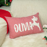 Custom Reindeer Christmas Name Pillow: Red Gingham Embroidered, Holiday Gift for Her