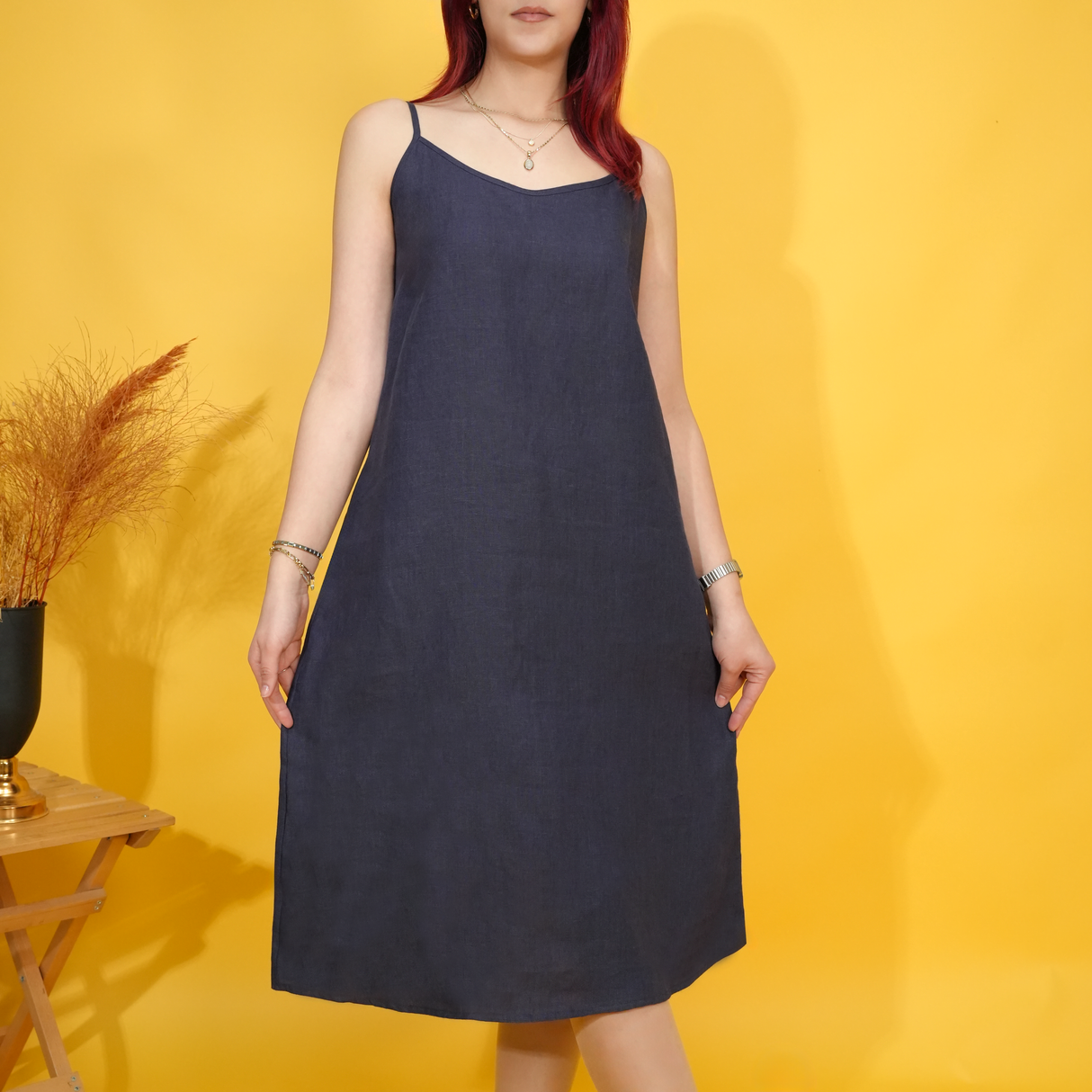 Linen Summer Dress, Relaxed Midi Dress with Pockets, Spaghetti Strap Dress, Loose Linen Dress, Beach Wear, Linen Dresses for Women Summer