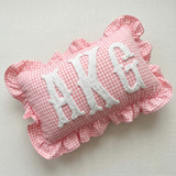 Personalized Monogram Pillow: Gingham Nursery Cushion with Ruffle, Name Pillow Gift