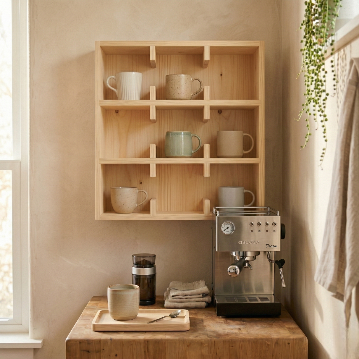 Coffee Mug Rack Wall Shelf: Modern Walnut Wood Tea Cup Organizer