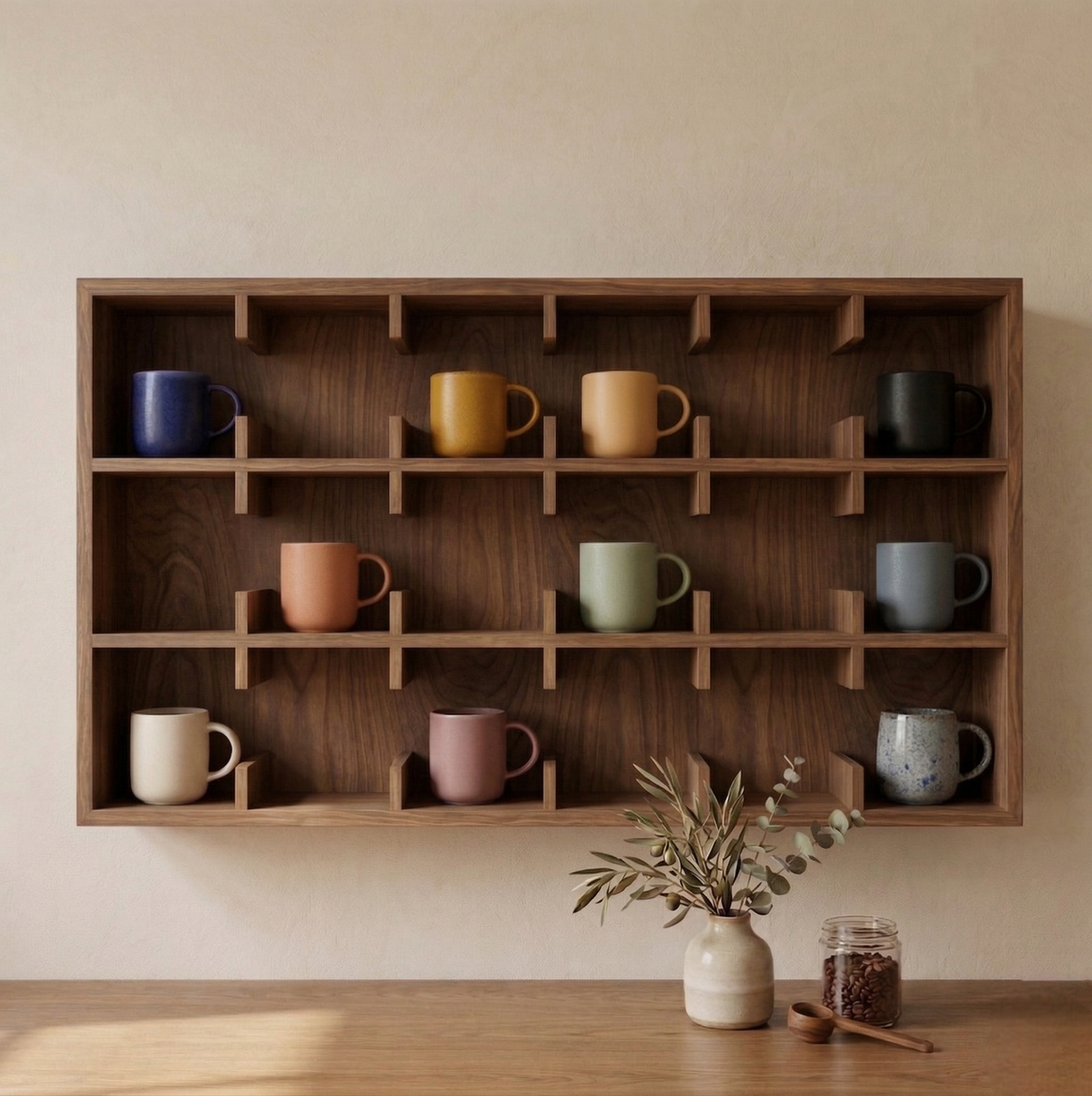 Wooden Mug Stand Display Shelf: Cup Holder Wall Rack, Coffee Bar Organizer