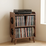 Mid Century Modern Record Player Stand with Vinyl Storage | Wooden Console