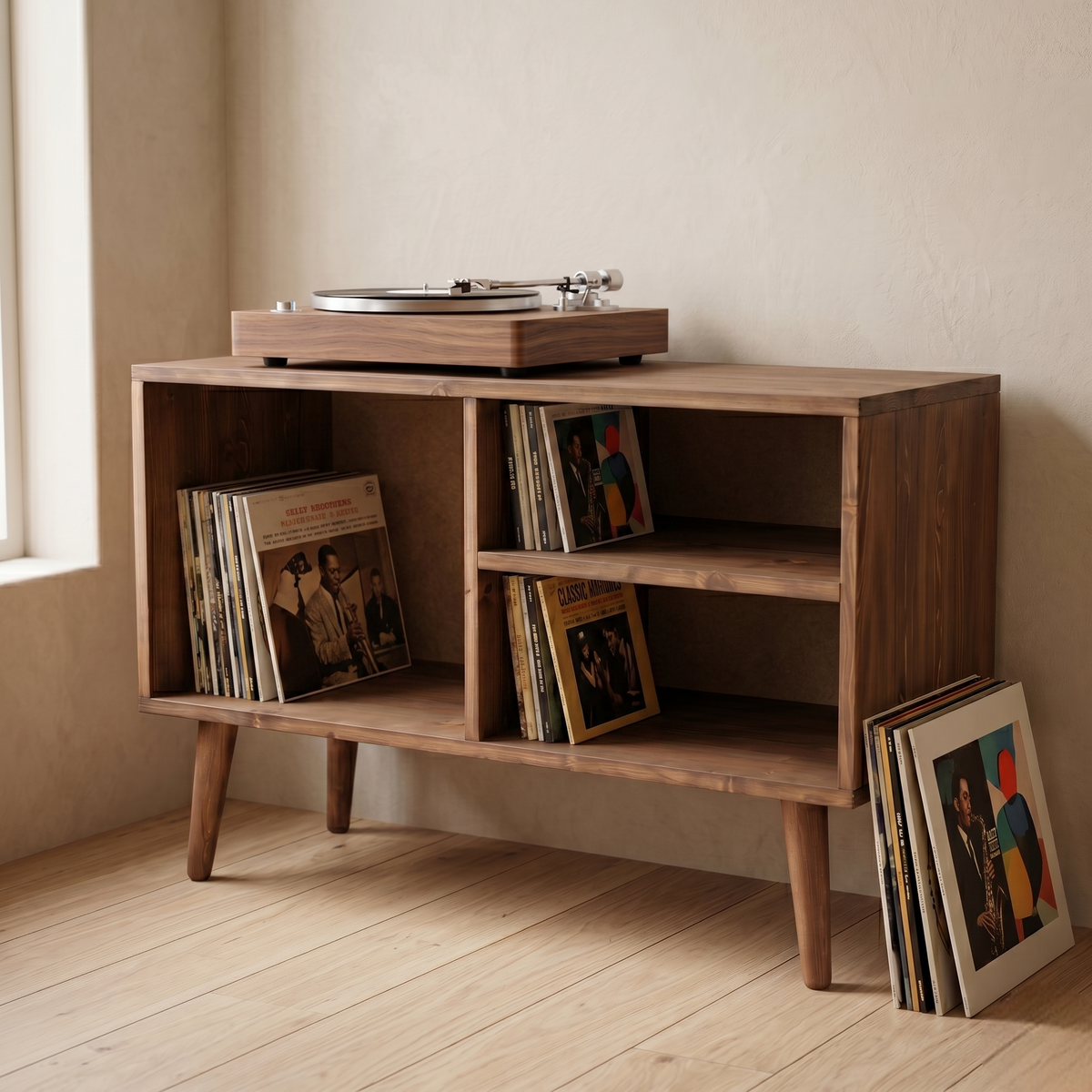 Vinyl Record Storage Cabinet with Turntable Shelf | Wooden LP Console