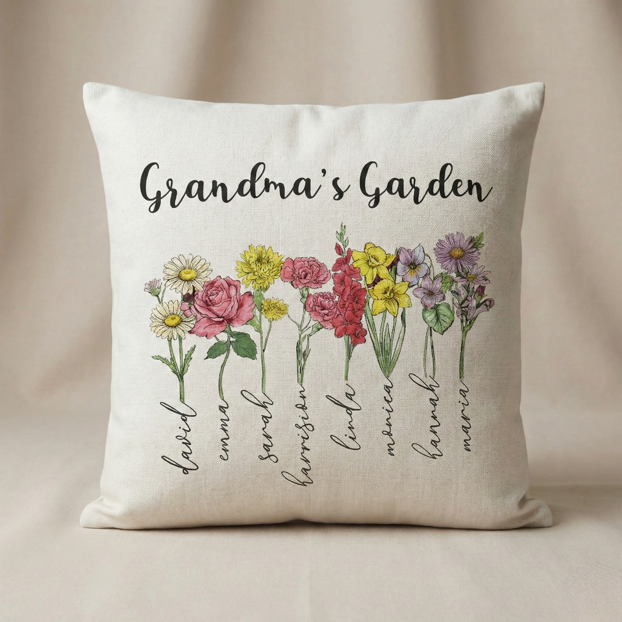 Personalized Grandma’s Garden Pillow – Birth Flower Gift from Grandchildren