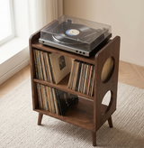 Mid Century Modern Record Player Stand with Vinyl Storage | Wooden Console
