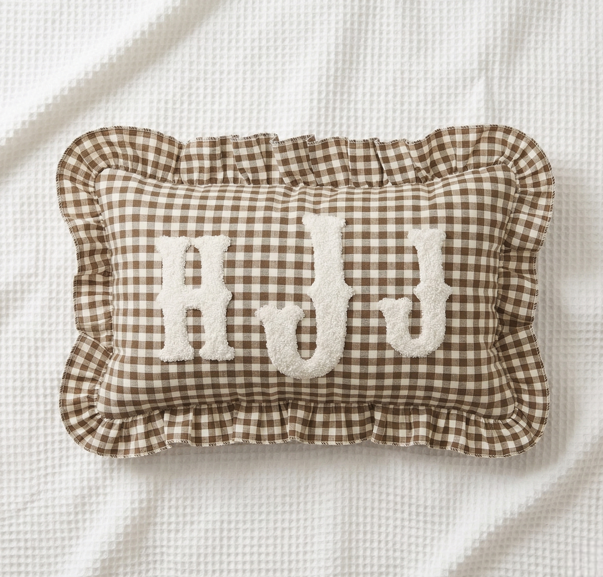 Personalized Monogram Name Pillow: Gingham Ruffle Edge Cushion for Nursery