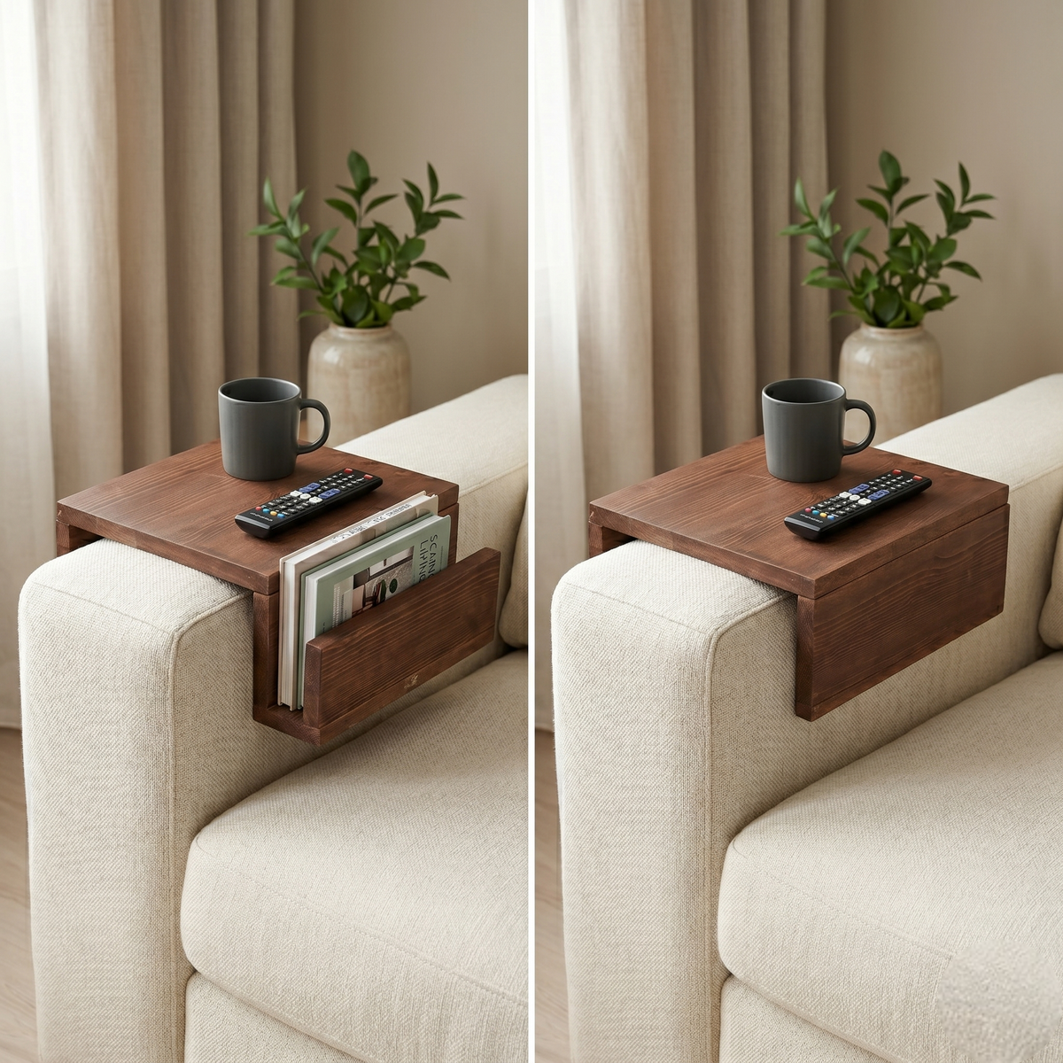 Couch Armrest Table with Book Holder | Wooden Sofa Tray