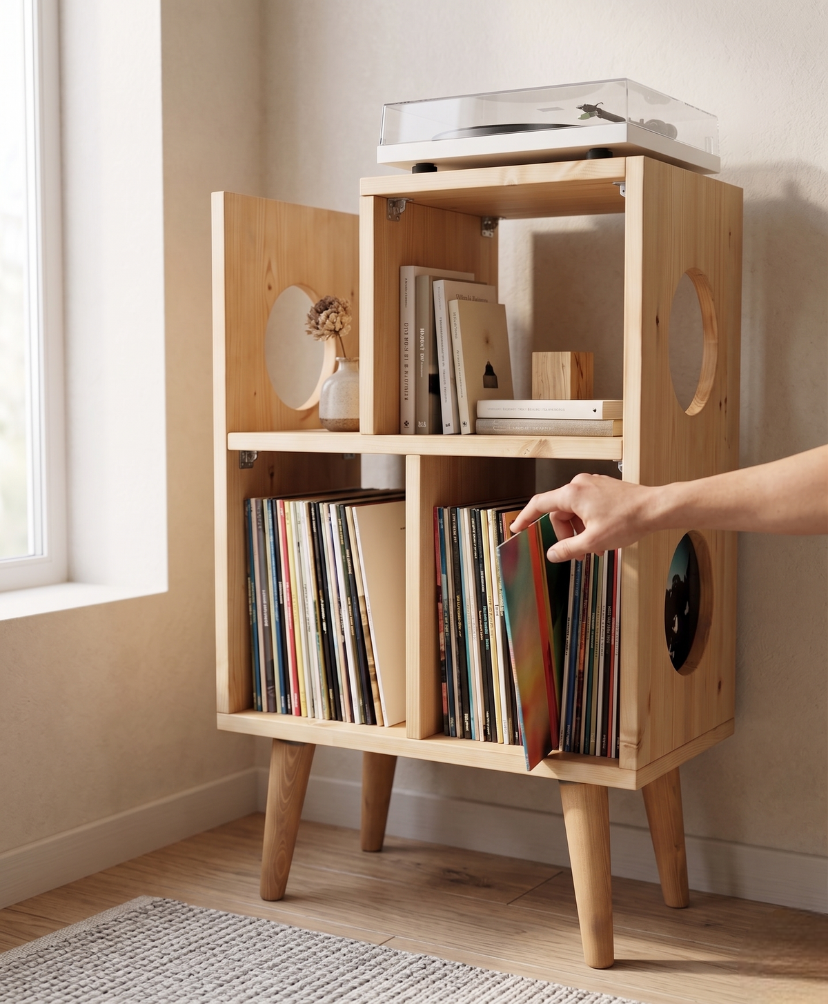 Mid-Century Record Player Stand with Vinyl Storage | Wooden Turntable Cabinet
