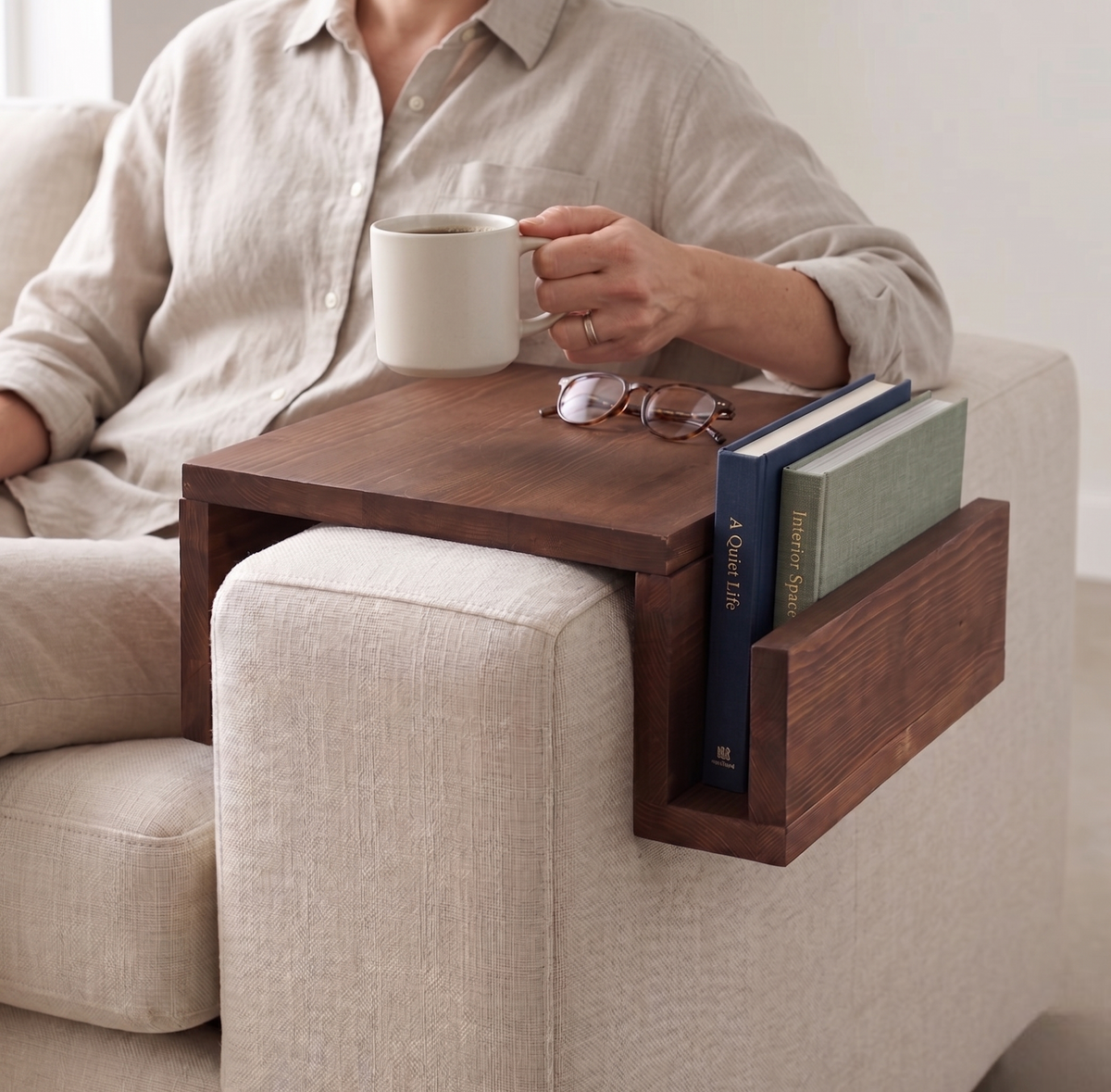Couch Armrest Table with Book Holder | Wooden Sofa Tray