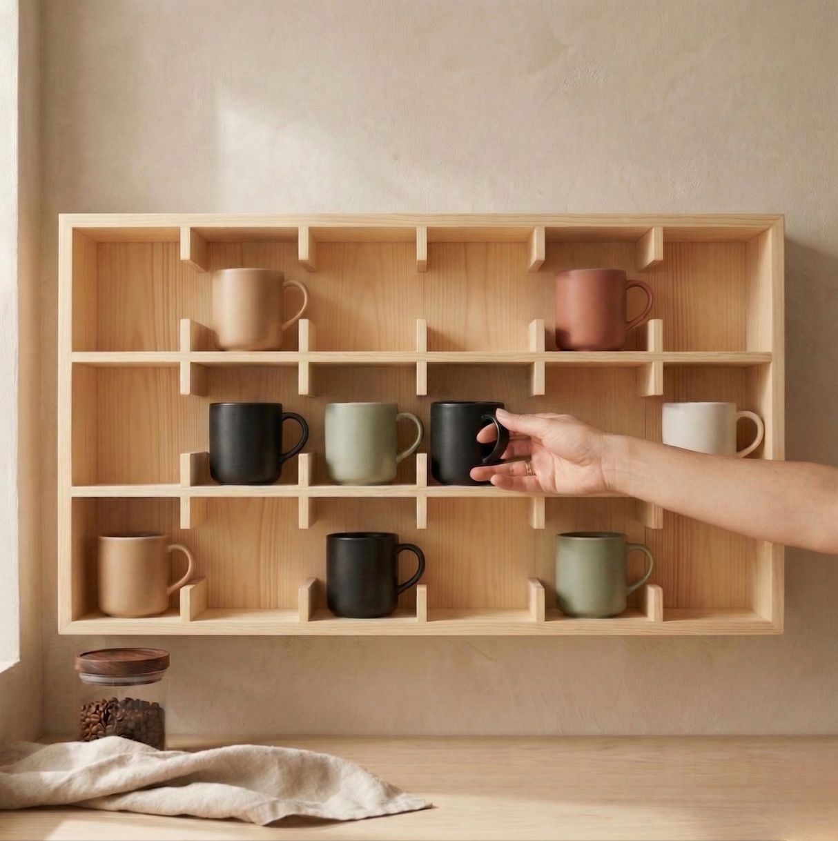 Coffee Mug Shelf for Wall: Wooden Tea Cup Holder, Modern Coffee Station