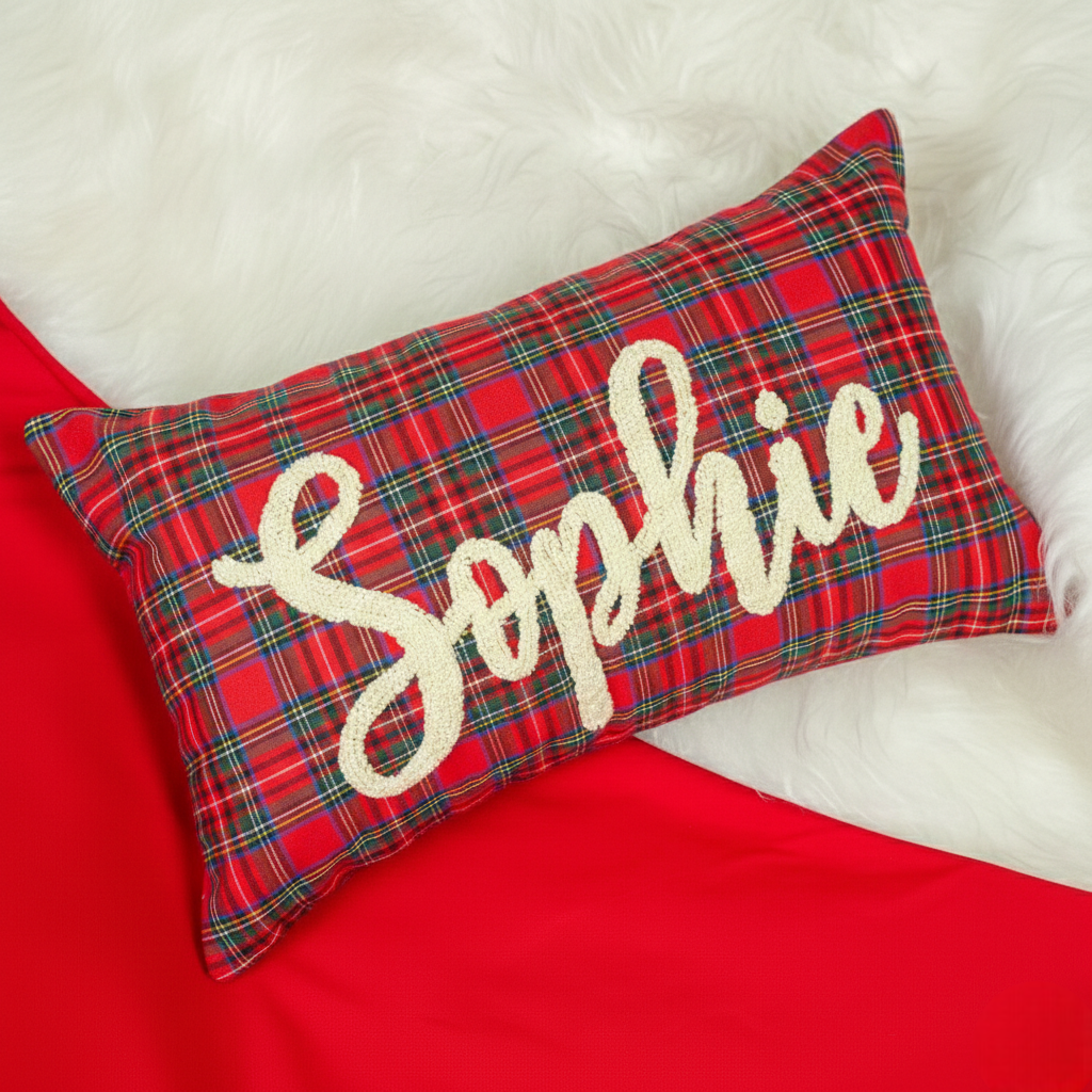 Monogrammed Gingham Ruffle Pillow: Personalized Punch Needle Embroidered Cushion