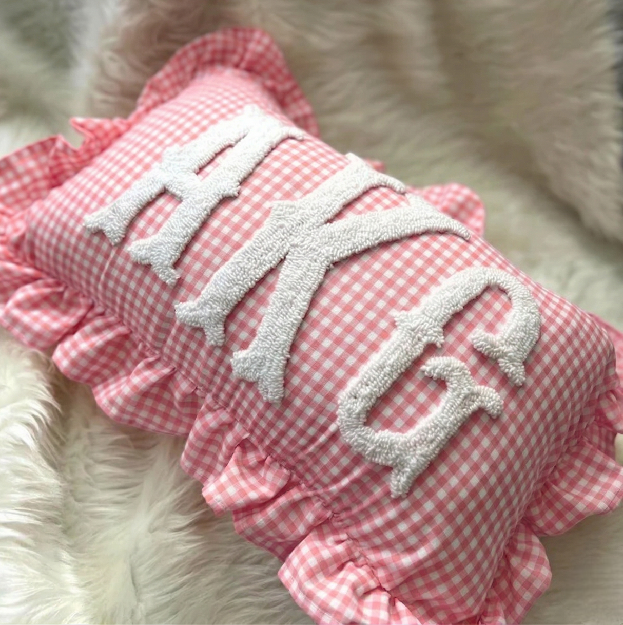 Baby Name Pillow with Ruffles: Personalized Gingham Nursery Keepsake Gift