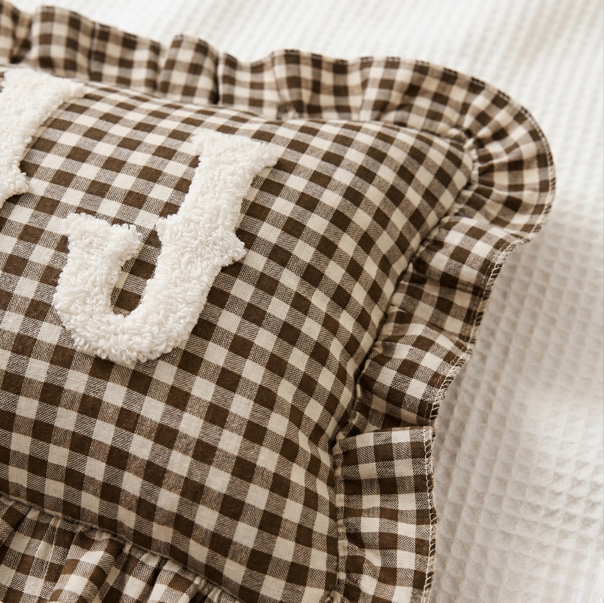 Personalized Monogram Name Pillow: Gingham Ruffle Edge Cushion for Nursery