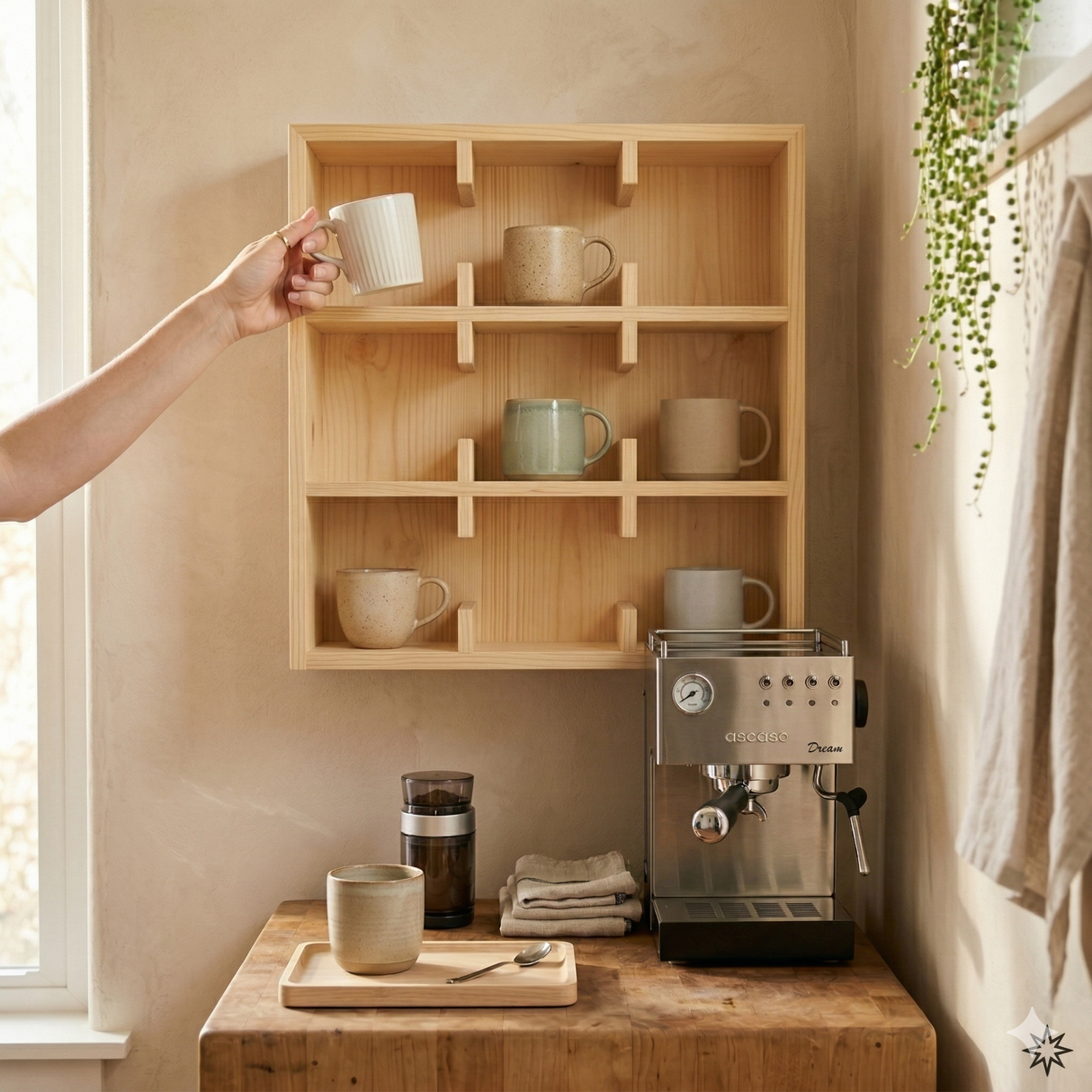 Wooden Coffee Mug Rack Display Shelf: Kitchen Coffee Bar Decor