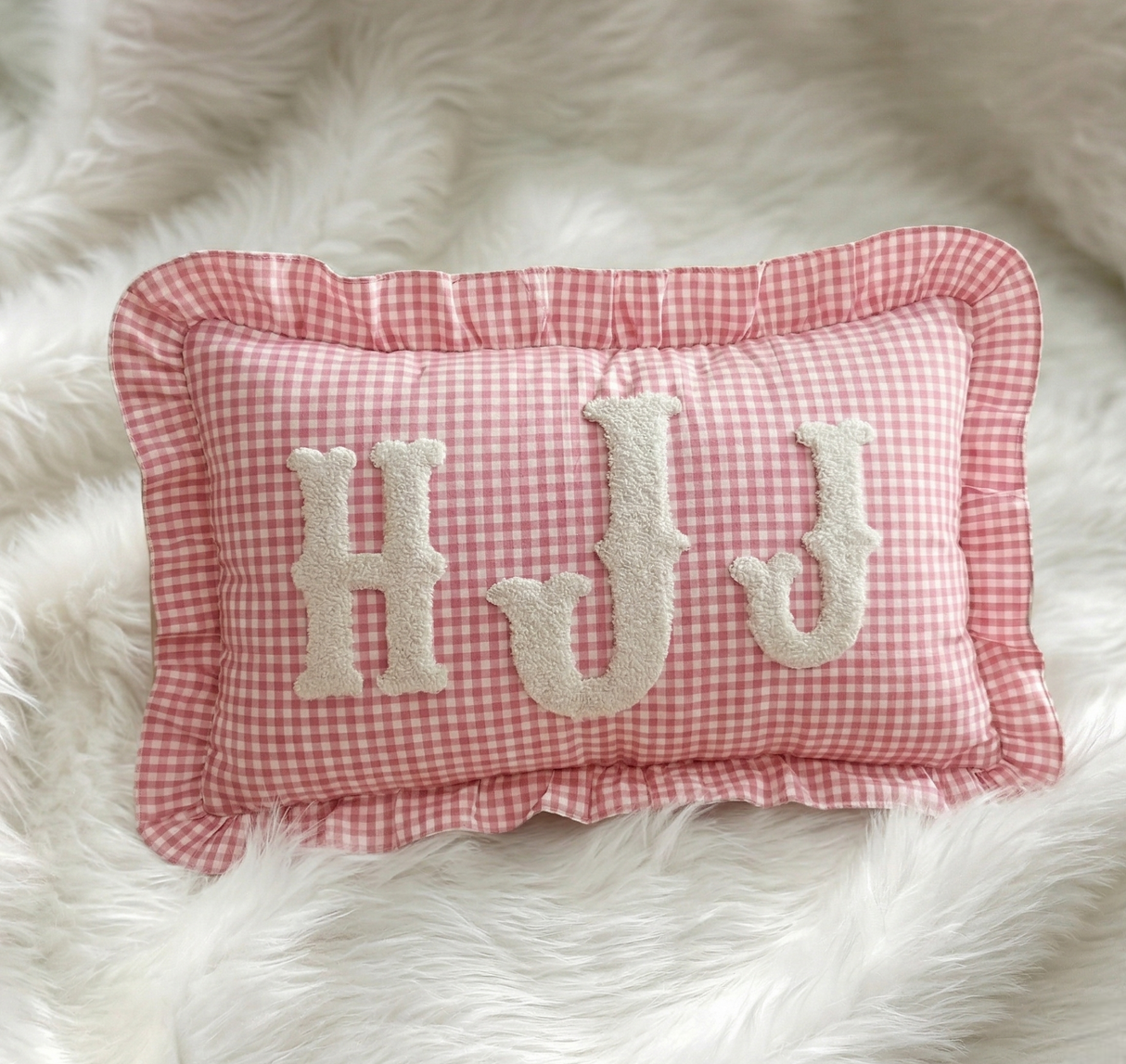 Personalized Monogram Name Pillow: Gingham Ruffle Edge Cushion for Nursery