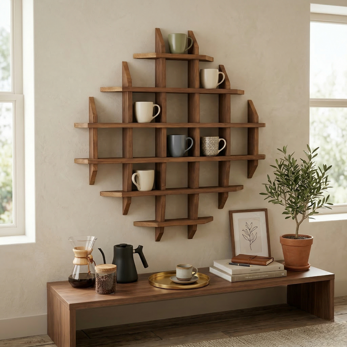 Wall Mounted Tea Coffee Mug Display Shelf: Cup Holder Kitchen Storage