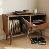 Mid-Century Record Player Stand with Vinyl Storage | Wooden Console Cabinet