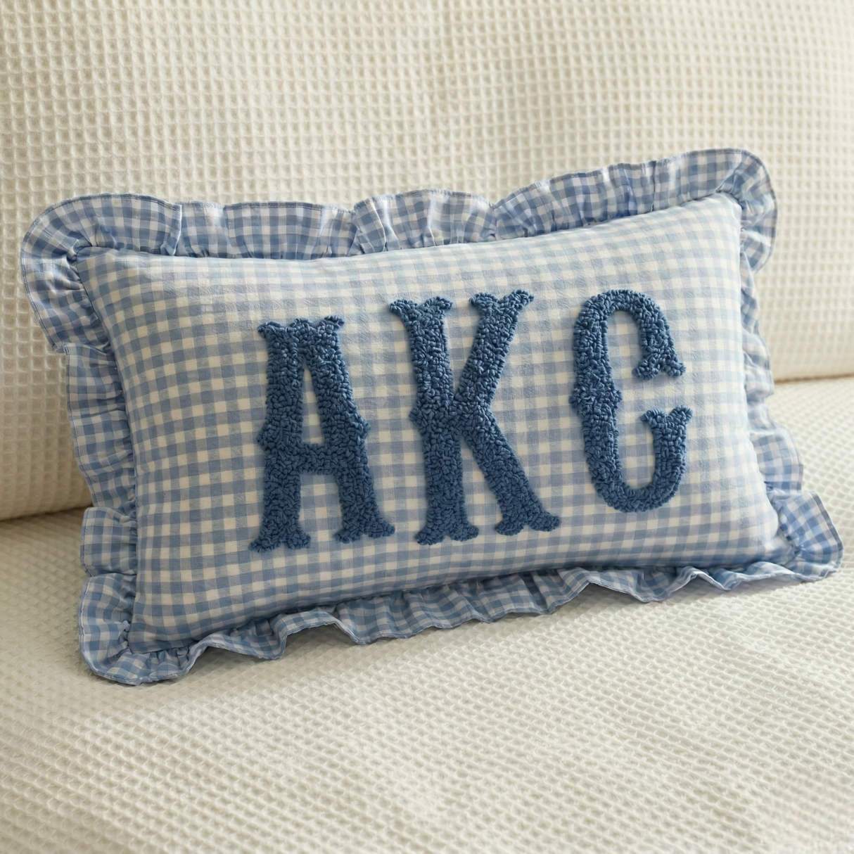 Personalized Monogram Name Pillow: Gingham Ruffle Edge Cushion for Nursery