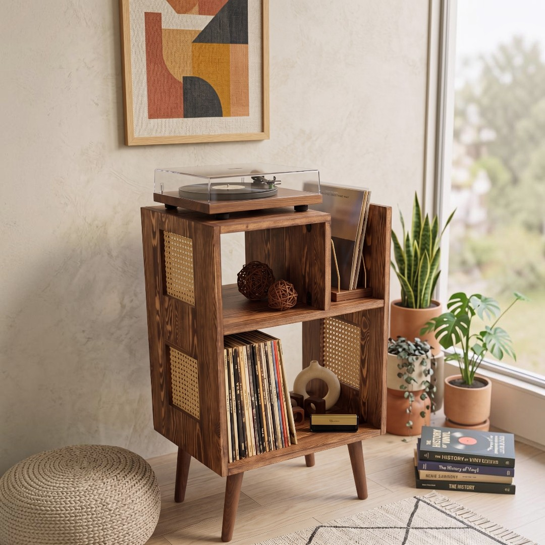 Rattan Record Player Stand with Vinyl Storage | Wooden Turntable Cabinet