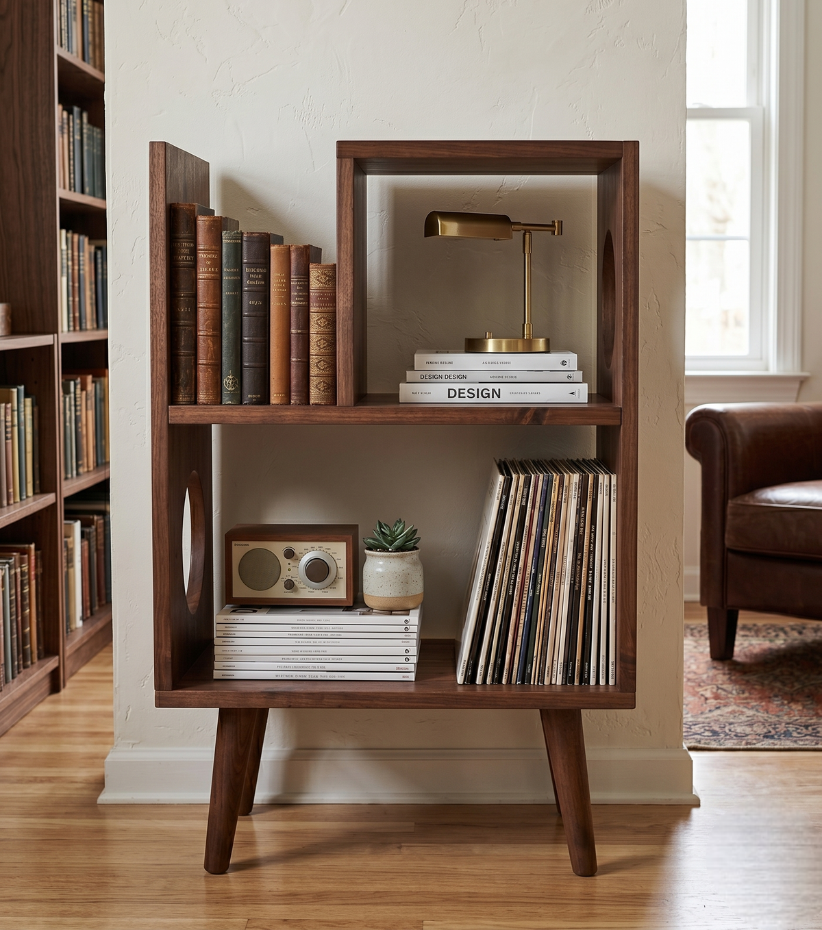 Mid Century Modern Record Player Stand with Vinyl Storage | Wooden Console