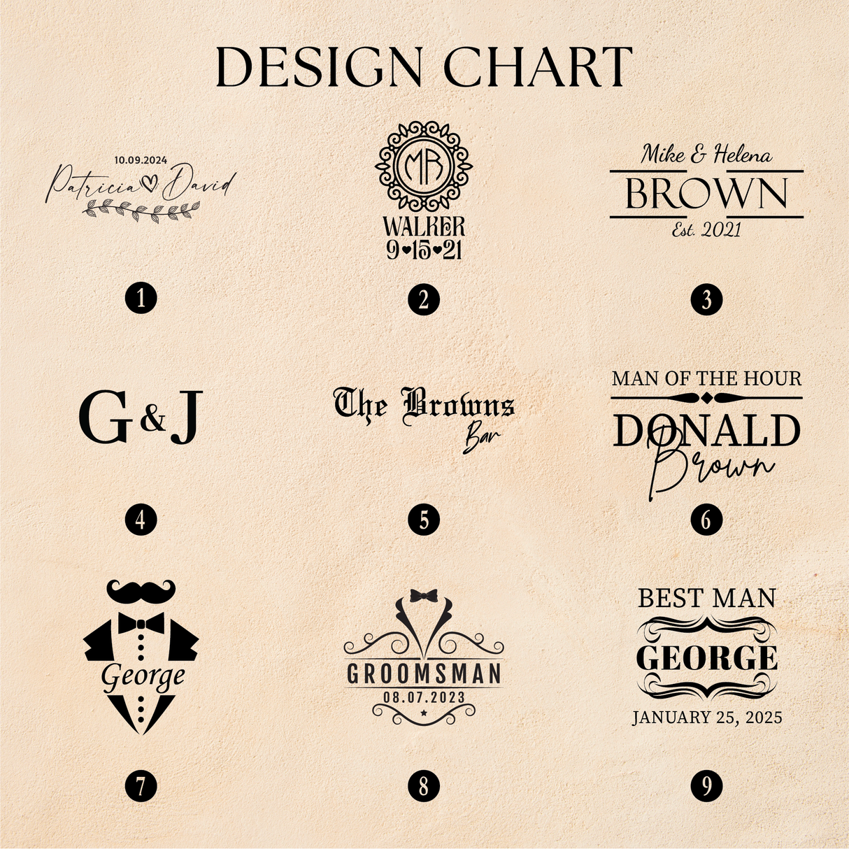 Collection of personalized monogram designs on a beige background