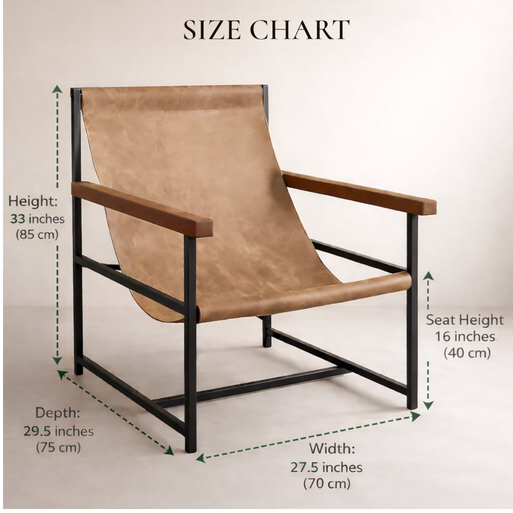 Modern Handmade Leather Sling Chair, Living Room Accent Armchair with Wood Arms