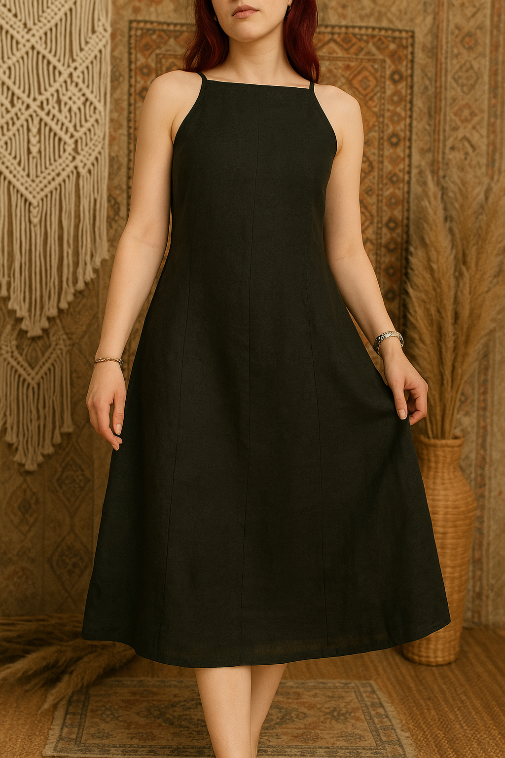 Linen Midi Dress for Women, Minimalist Sleeveles Black Dress, Linen Summer Clothing, Everyday Maxi Dress, A Line Loose Linen Dress, Clothing