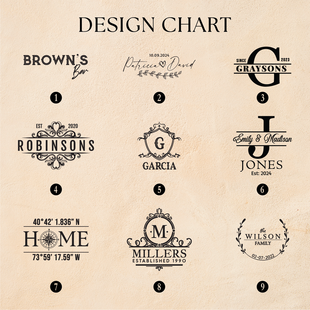 Collection of personalized monogram designs on a beige background