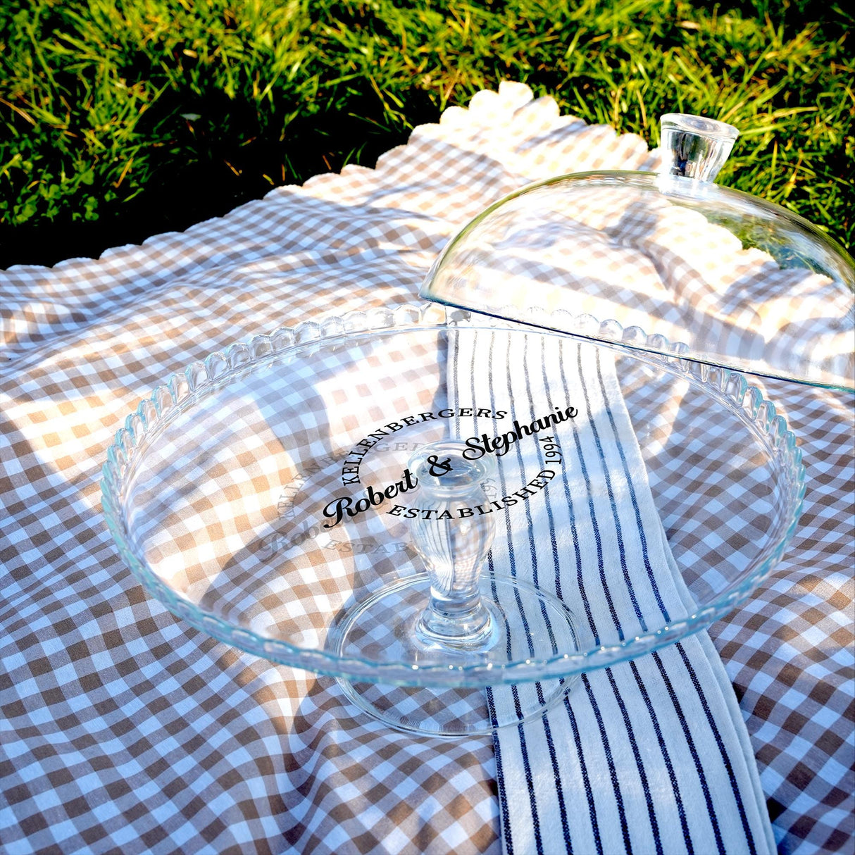 Personalized Wedding Cake Stand: Glass Dessert Display with Dome, Couple Name Keepsake Gift