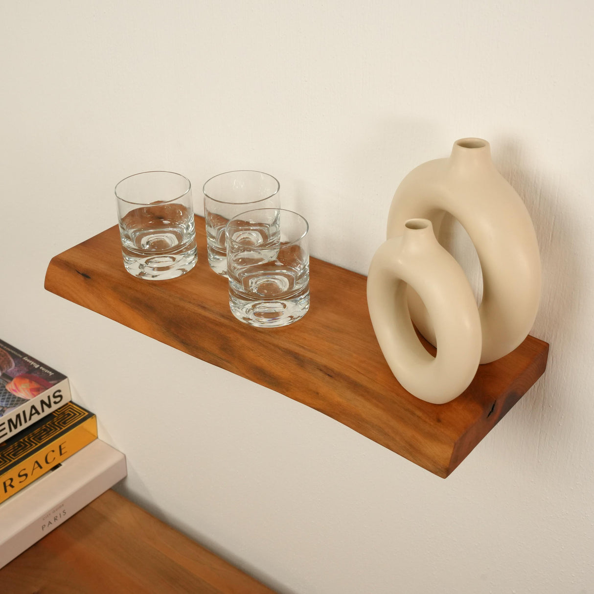 Modern Floating Live Edge Book Shelves: Solid Walnut Wooden Rack with Hidden Bracket