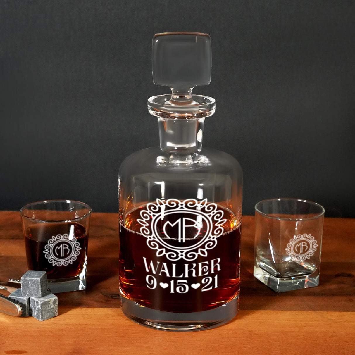a bottle of whiskey sitting on top of a wooden table